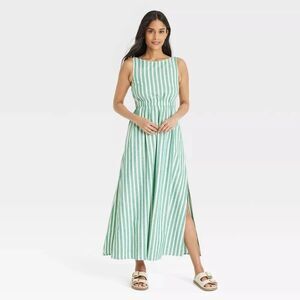 Universal Thread Women's Maxi A-Line Dress Green Striped XL Pockets Vacation NWT